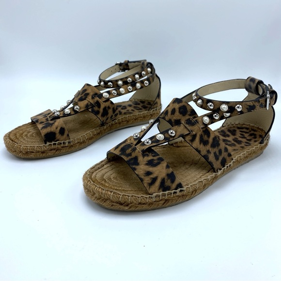 Jimmy Choo 7 Denise Pearl Embellished Leopard Print Leather Espadrille Sandals - Picture 5 of 11